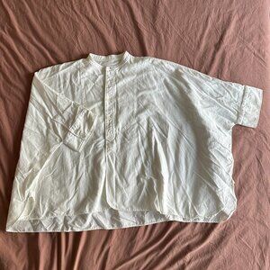 45R White Linen Wide Collarless Button-Up Shirt